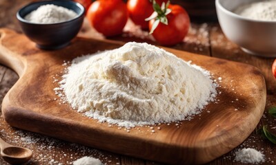 Fototapeta premium Flour on a wooden board. Cooking Kitchen background