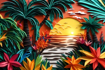 Fototapeta na wymiar tree on the beach and sun set view made with paper cutting art