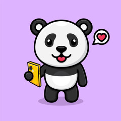 Fototapeta premium Cute cartoon panda, taking a photo using a cellphone.