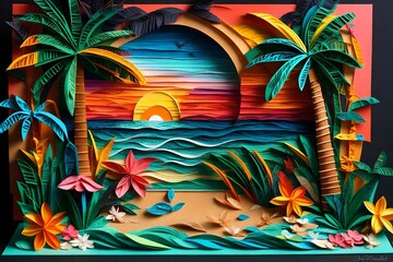 Fototapeta na wymiar Craft a 3D representation of a tropical paradise with quilled palm trees, exotic birds, and a vibrant sunset background.
