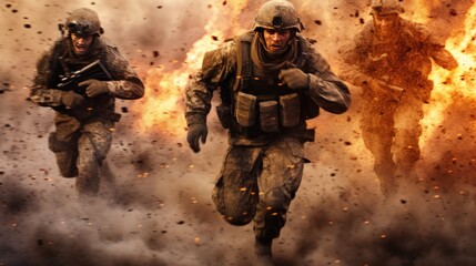 Special forces soldiers in action against the background of a blast. Military Concept. War Concept. Battlefield.