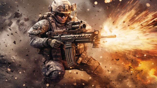 Shot of a special forces soldier with assault rifle on fire background. Military Concept. War Concept. Battlefield.