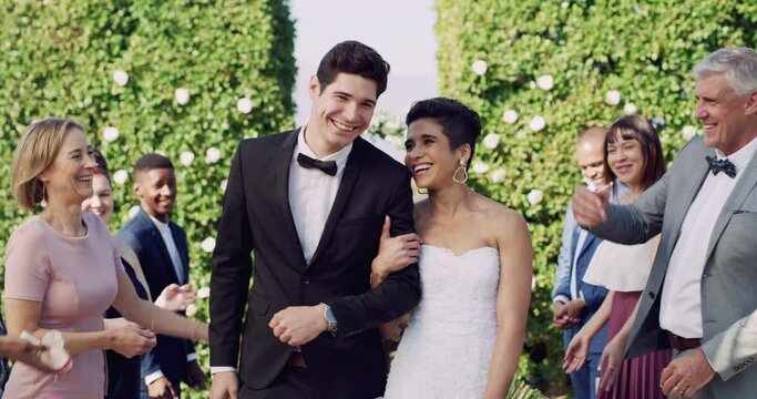 Wedding, love and celebration with couple at reception for romance, marriage ceremony and event. Bride, groom and support with man and woman in outdoor for happiness, future and commitment together
