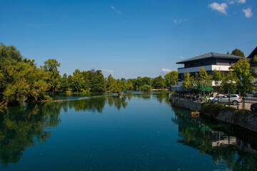 The River Una as it passes through central Bihac in Una-Sana Canton, Federation of Bosnia and Herzegovina. Viewed from Smaragdni Most bridge