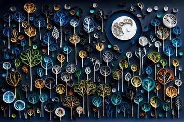Different types of trees at night made with paper cutting art 
