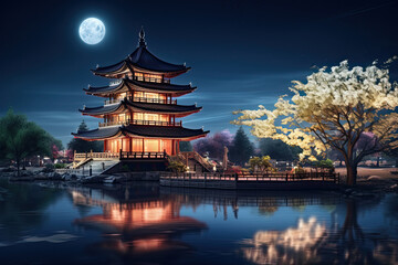 scenic chinese pagoda at night