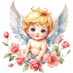 Fototapeta premium Watercolor illustration of cute kawaii baby cupid. Creative graphics design. Cute elements for decoration. 