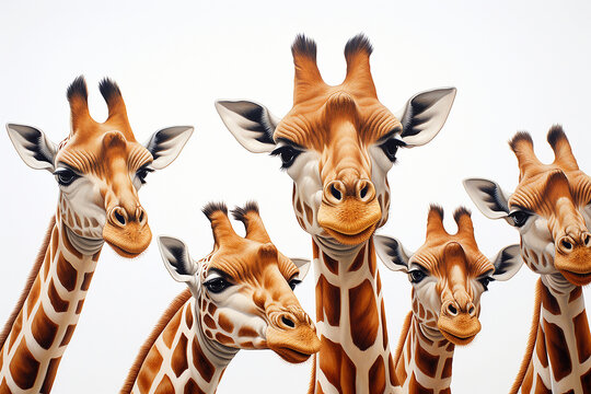 Group of giraffe heads isolated on white background, clipping path included. 
