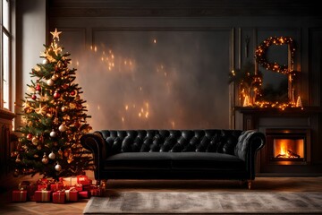 side view, black sofa and christmas tree with fire place. 