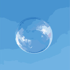 Big translucent light blue sphere with glares and shadow on blue background. design background in vector format