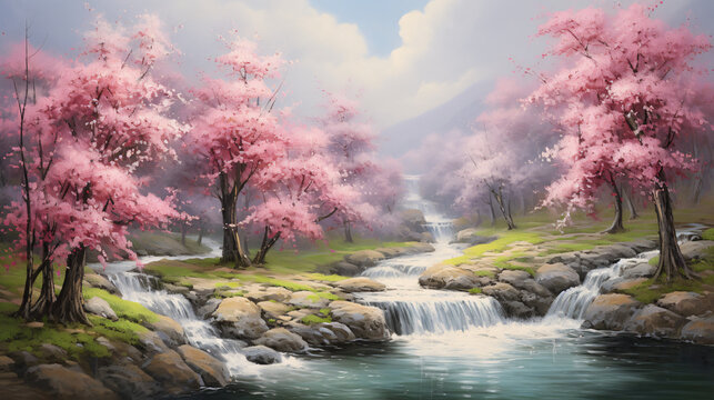 A painting of a mountain landscape with pink trees