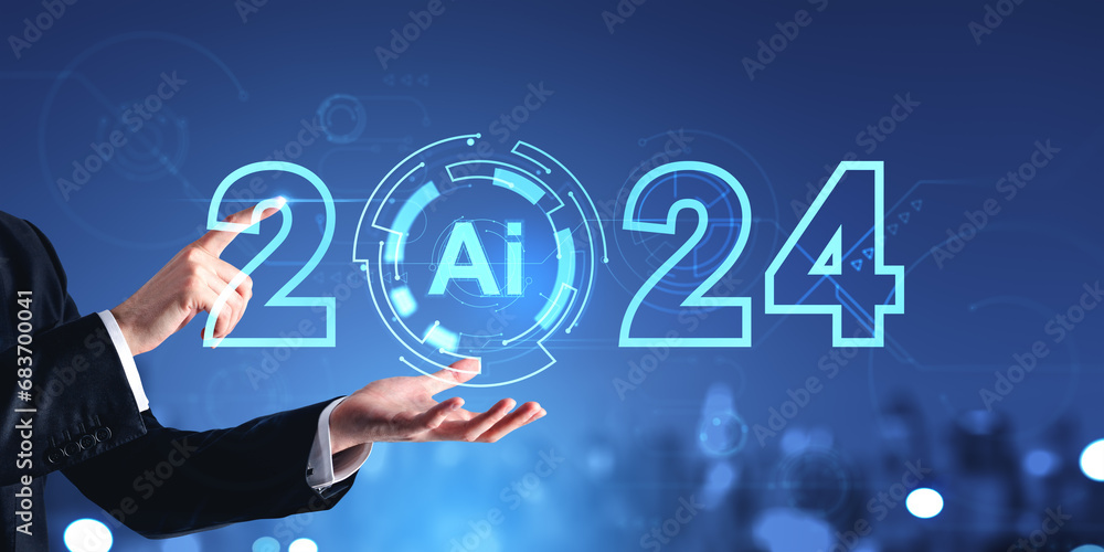 Poster man hands using 2024 ai interface in city
