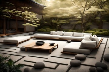 Present a Zen sofa in a serene, minimalist Japanese garden, exuding tranquility. 