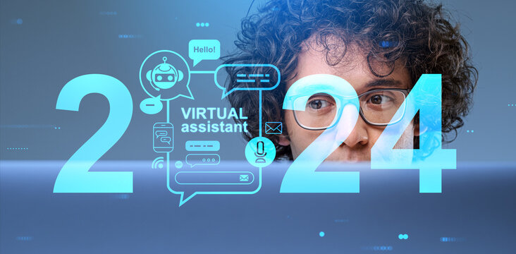 Businessman portrait and virtual assistant with 2024 year and robot icons - Powered by Adobe
