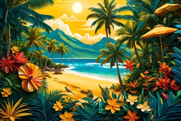 Fototapeta na wymiar Painting of beach with palm trees