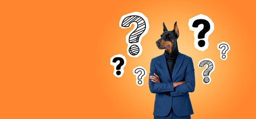 Man with dog head and arms crossed, question marks on copy space background