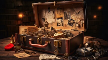 a suitcase with old items in it