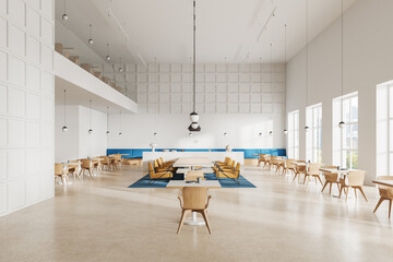 Luxury restaurant interior with conference and eating zone, panoramic window