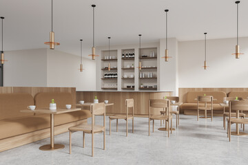 Modern cafe interior with chairs and table, dining corner with bar counter