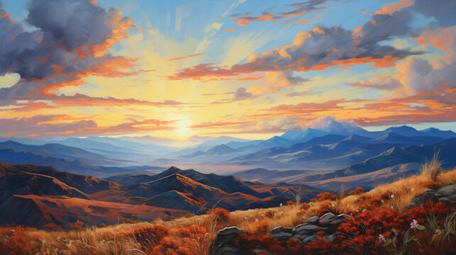 A painting of a mountain range with a sunset