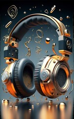 black and golden headphones with gold hues.. blasting sound waves and creating a force field