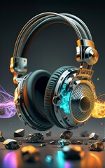 black and silver headphones with platinum chromes.. blasting rainbow sound waves and creating a force field