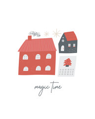 Fototapeta premium Cute winter Christmas New Year postcard with cute hand drawn doodle houses, home, building, calendar. Cold winter season cover, template, banner, poster, print. Holiday seasonal background for kids