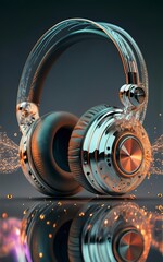black and silver headphones with platinum chromes.. blasting rainbow sound waves and creating a force field
