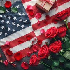 Independence Day USA concept. Memorial Day. Red roses over the USA flag top view flat lay with copy space