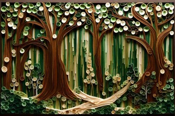 Fototapeta na wymiar A quilled forest scene, with trees in earthy tones of green and brown