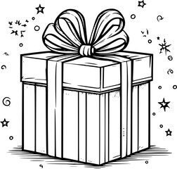 Christmas Gift box with ribbon and bow Line Art. Black Lines, Doodle vector illustratio, birthday present illustration. 