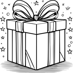 Christmas Gift box with ribbon and bow Line Art. Black Lines, Doodle vector illustratio, birthday present illustration. 