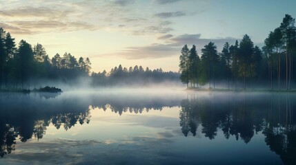 a foggy lake with trees and a cloudy sky