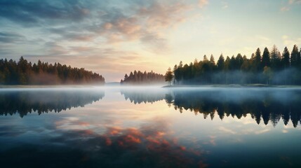 Fototapeta na wymiar a lake with trees and fog