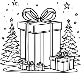 Christmas Gift box with ribbon and bow Line Art. Black Lines, Doodle vector illustratio, birthday present illustration. 