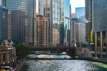 Chicago cityscape with business skyscrapers, office buildings and river