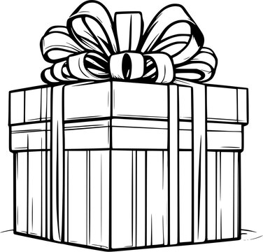 Christmas Gift box with ribbon and bow Line Art. Black Lines, Doodle vector illustratio, birthday present illustration. 