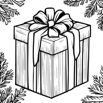 Christmas Gift box with ribbon and bow Line Art. Black Lines, Doodle vector illustratio, birthday present illustration. 