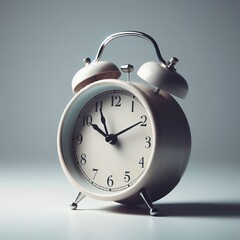 White retro alarm clock isolated on gray background with copy space