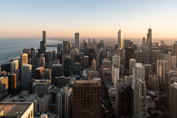 Chicago skyline aerial view during golden hour, lake Michigan