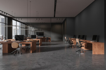 Grey office interior with coworking and meeting space, panoramic window