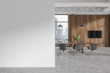 Modern office room interior with meeting table, panoramic window. Mock up wall