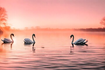 Romantic Swan Lake, The minimalist design against a soft pink backdrop captures the romance and tranquility of a swan lake.