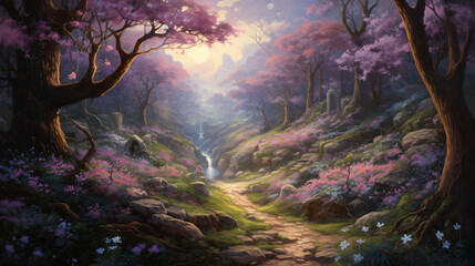 A painting of a path through a forest with purple