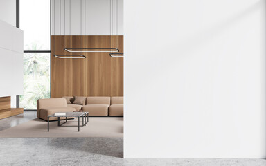 White hotel living room interior with couch and panoramic window. Mock up wall