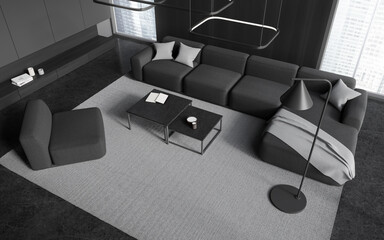 Top view of home living room interior with couch and coffee table, window