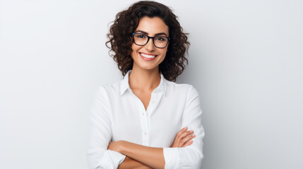 Smiling woman with curly hair and glasses, wearing a white shirt, against light grey background