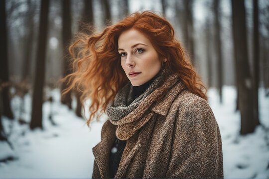 Beautiful Woman with red hair in the winter forest with winter coat in the autumn forest. Winter Snowy Atmosphere. Generative AI