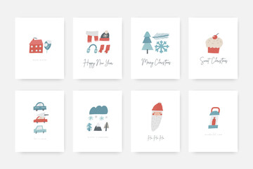 Obraz premium Cute winter Christmas New Year postcard with cute hand drawn doodle santa, character, cake, car, snowflake, tree, scarf, socks. Cold winter season cover, template, banner, poster, print.