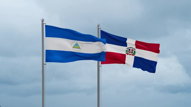 Dominican Republic flag and Nicaragua flag waving together on cloudy sky, endless seamless loop, two country relations concept